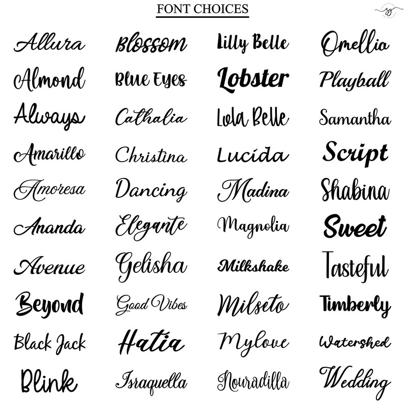 Op de afbeelding: Een zwart-wit overzicht met de titel FONT CHOICES, met een raster van twee&euml;ndertig verschillende letterstijlen. Elk item toont een unieke naam geschreven in het bijbehorende lettertype, vari&euml;rend van elegante cursieve scripts tot dikke, moderne letters.