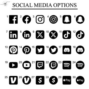K&ouml;nnte beinhalten: Grafik mit Social-Media-Symbolen wie Facebook, Instagram, Snapchat, LinkedIn, X, TikTok, Pinterest, Twitter, Discord, YouTube, Twitch, Spotify, Vimeo und Apple Pay. Der Text "SOCIAL MEDIA OPTIONS" steht oben.