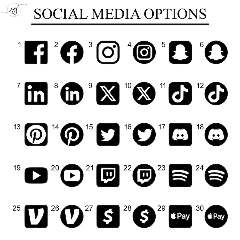 K&ouml;nnte beinhalten: Grafik mit Social-Media-Symbolen wie Facebook, Instagram, Snapchat, LinkedIn, X, TikTok, Pinterest, Twitter, Discord, YouTube, Twitch, Spotify, Vimeo und Apple Pay. Der Text "SOCIAL MEDIA OPTIONS" steht oben.