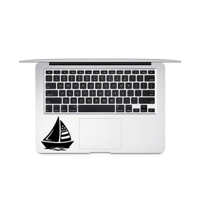 May include: A black and white sailboat sticker on a silver laptop computer.