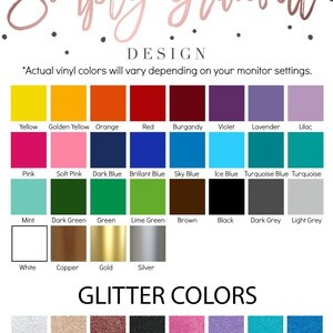 May include: Color chart featuring a variety of vinyl colors, including yellow, orange, red, and various shades of blue and green. Glitter colors like diamond, gold, and pink are also displayed. The text "Simply Graceful DESIGN" is at the top.