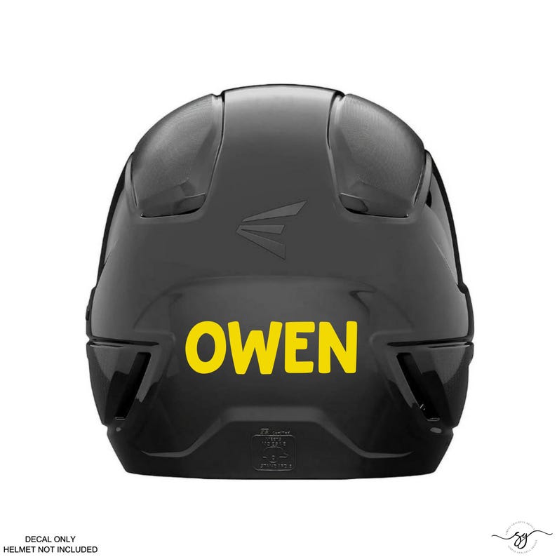May include: Black baseball helmet with a yellow decal that says "OWEN".