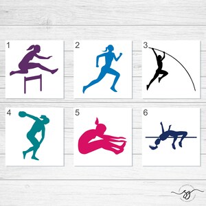 May include: Six different silhouette images of female athletes competing in various track and field events. The images are numbered 1 through 6. The athletes are shown in purple, blue, black, teal, pink, and navy blue.