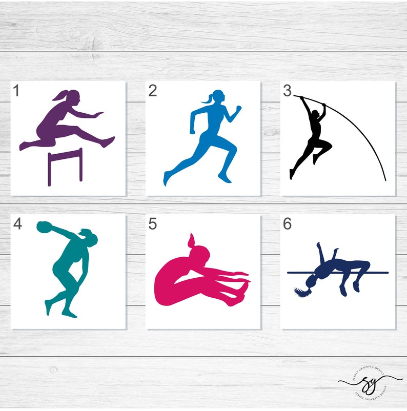May include: Six different silhouette images of female athletes competing in various track and field events. The images are numbered 1 through 6. The athletes are shown in purple, blue, black, teal, pink, and navy blue.