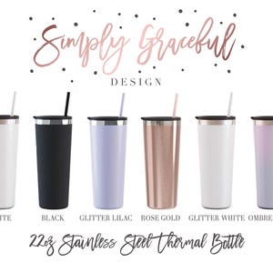 Puede incluir: Seis botellas t&eacute;rmicas de acero inoxidable de 650 ml en varios colores, incluyendo blanco, negro, lila con purpurina, oro rosa, blanco con purpurina y niebla degradada. Las botellas tienen una tapa plateada y una pajita.