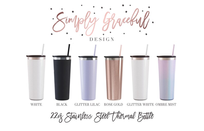 Puede incluir: Seis botellas t&eacute;rmicas de acero inoxidable de 650 ml en varios colores, incluyendo blanco, negro, lila con purpurina, oro rosa, blanco con purpurina y niebla degradada. Las botellas tienen una tapa plateada y una pajita.
