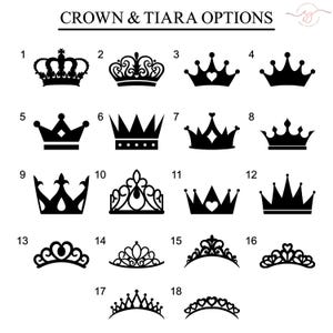 May include: A set of 18 black and white crown and tiara options. The crowns and tiaras are numbered 1 through 18. The crowns and tiaras are all different styles.