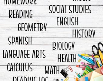 School Subject Labels, Back to School Decals, Classroom Labels, School Supply Labels, Notebook Decals