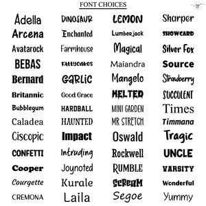 May include: A font choice chart featuring a list of black text samples in various typefaces, including Adella, Dinosaur, Lemon, Sharper, Arcena, Enchanted, Lumberjack, Showcard, Avatarock, Farmhouse, Magical, Silver Fox, Bebas, Fattycakes, Maiandra, Source, Bernard, Garlic, Mangelo, Strawberry, Britannic, Good Grace, Melted, Succulent, Bubblegum, Hardball, Mini Garden, Times, Caladea, Haunted, Mr Stretch, Timmana, Ciscopic, Impact, Oswald, Tragic, Confetti, Intruding, Rockwell, Uncle, Cooper, Joynoted, Rumble, Varsity, Courgette, Kurale, Scream, Wonderful, Cremona, Laila, Segoe, and Yummy.