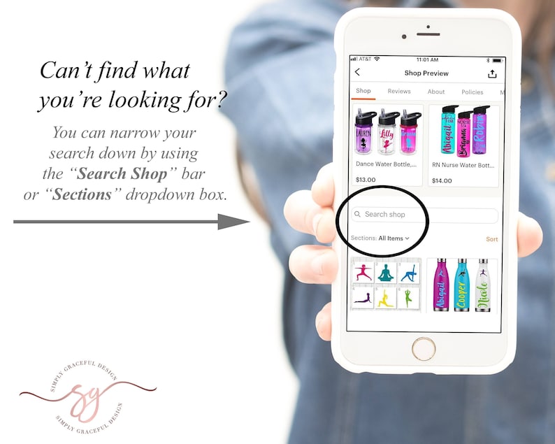 May include: A screenshot of a mobile phone displaying a shop preview page. The page shows a search bar with the text "Search shop" and a dropdown menu with the text "Sections: All Items". The page also shows a list of products, including water bottles with different designs and prices. The products are categorized as "Dance Water Bottle..." and "RN Nurse Water Bott...".