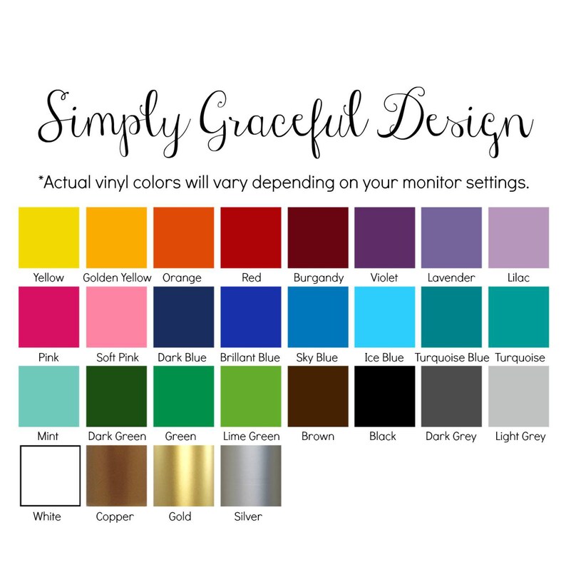 May include: A colour chart displaying 24 different vinyl colours. The colours are arranged in four rows of six colours each. The colours are: yellow, golden yellow, orange, red, burgundy, violet, lavender, lilac, pink, soft pink, dark blue, brilliant blue, sky blue, ice blue, turquoise blue, turquoise, mint, dark green, green, lime green, brown, black, dark grey, light grey, white, copper, gold, and silver.