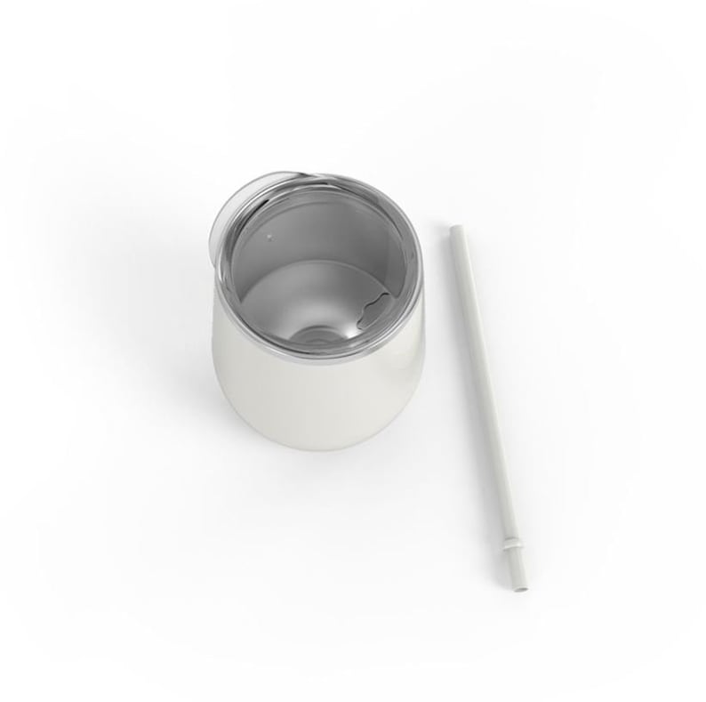 May include: A white stainless steel tumbler with a clear lid and a white straw. The tumbler is designed to look like a wine glass.