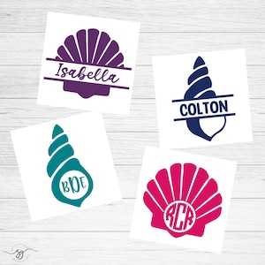 May include: Four personalized seashell designs in purple, teal, and pink. Each design features a name or initials in a unique font. The designs are on white squares, perfect for stickers or decals.