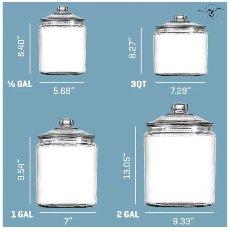 May include: Four clear glass jars with lids, labeled with their capacity and dimensions. The jars range in size from 1/2 gallon to 2 gallons, with heights from 8.40 inches to 13.05 inches. The widths range from 5.68 inches to 9.33 inches.