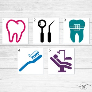 May include: Five colorful icons representing different aspects of dental care. The icons include a pink tooth, a black mirror and dental pick, a teal tooth with braces, a blue toothbrush with toothpaste, and a purple figure sitting in a dentist chair.