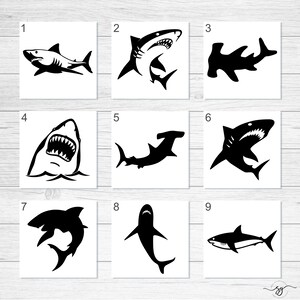 May include: Nine black and white silhouette images of sharks and hammerhead sharks. The images are numbered 1 through 9.