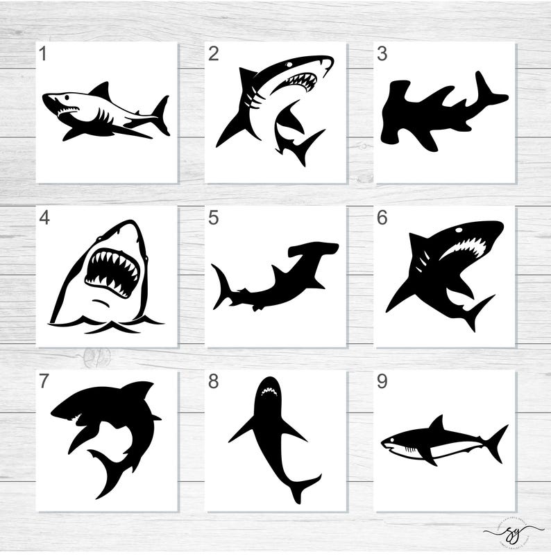 May include: Nine black and white silhouette images of sharks and hammerhead sharks. The images are numbered 1 through 9.