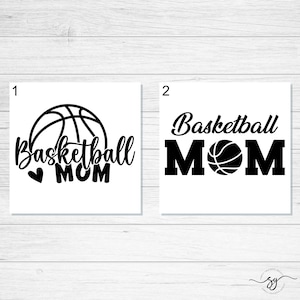 May include: Two square black and white graphic designs. Design 1 features a basketball icon above the text Basketball MOM with a small heart. Design 2 displays the text Basketball MOM in bold lettering with a basketball replacing the letter O.