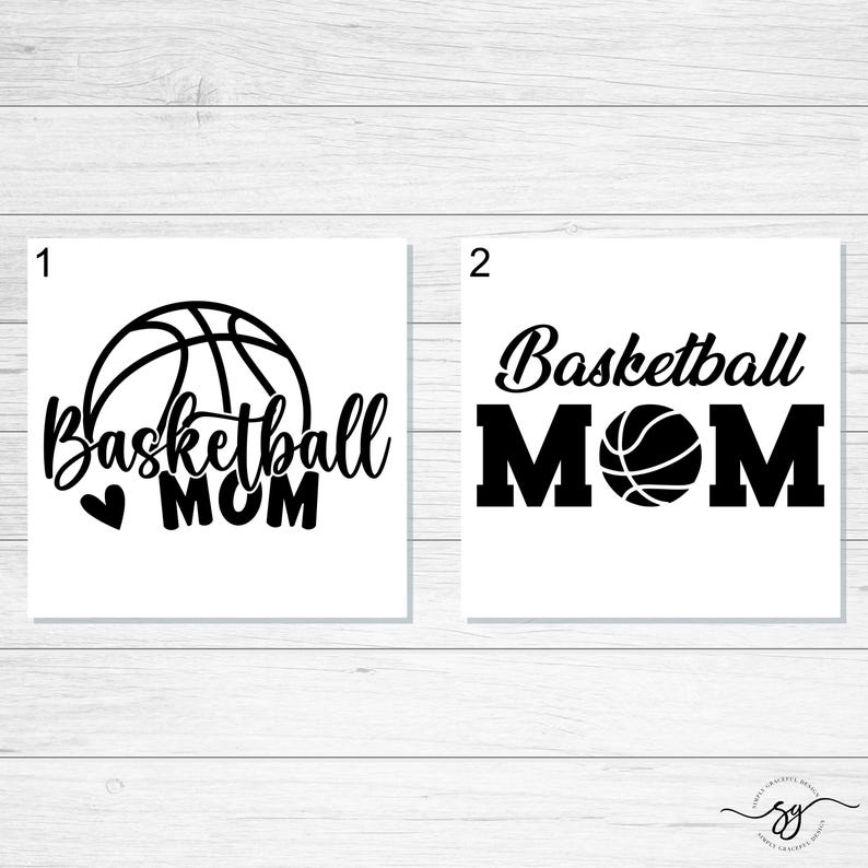 May include: Two square black and white graphic designs. Design 1 features a basketball icon above the text Basketball MOM with a small heart. Design 2 displays the text Basketball MOM in bold lettering with a basketball replacing the letter O.