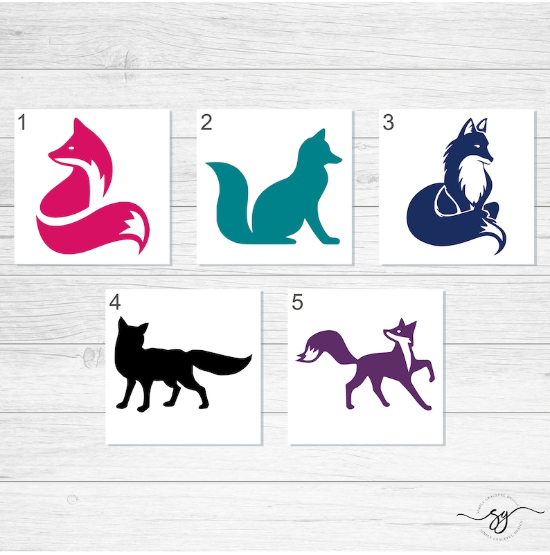May include: Five square decals featuring fox silhouettes. Number 1 is a hot pink fox, 2 is a teal fox, 3 is a dark blue fox with white details, 4 is a solid black fox, and 5 is a purple fox with white accents. Each is labeled with a number.