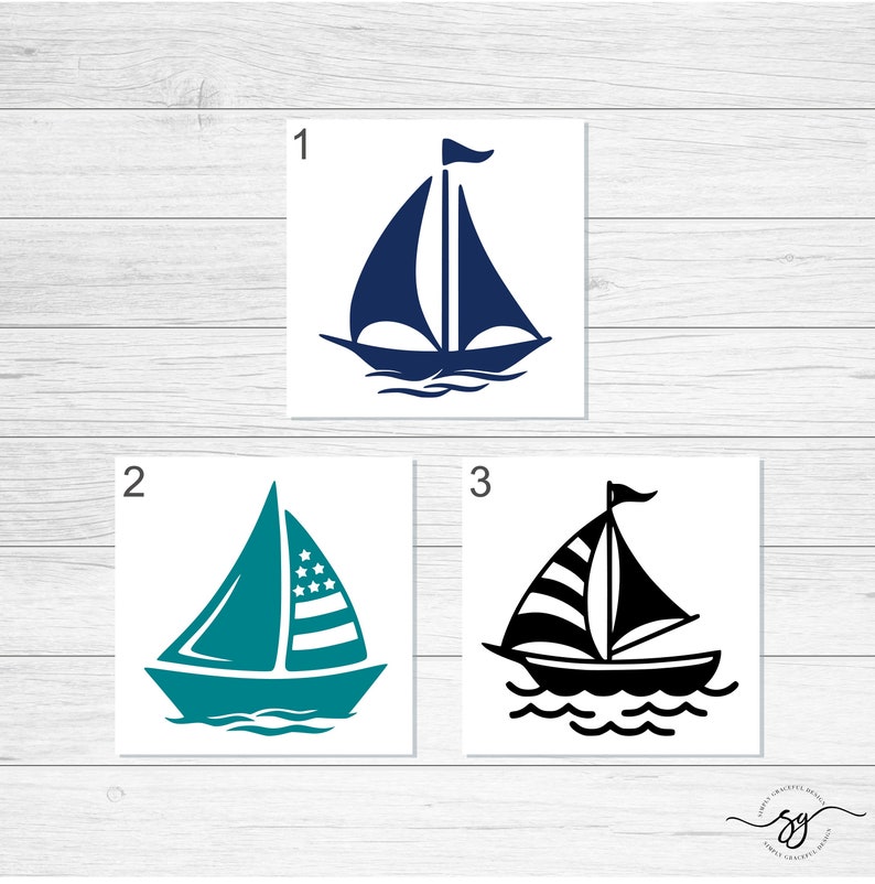 May include: Three sailboat designs, each with a different color scheme. The first sailboat is blue, the second is teal with a red, white, and blue striped sail, and the third is black with a red, white, and blue striped sail.
