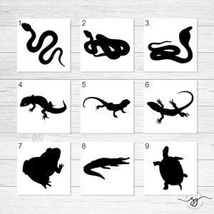 May include: Nine black silhouette images of animals, numbered 1 through 9. The animals are a snake, a cobra, a lizard, a crocodile, a frog, and a turtle.
