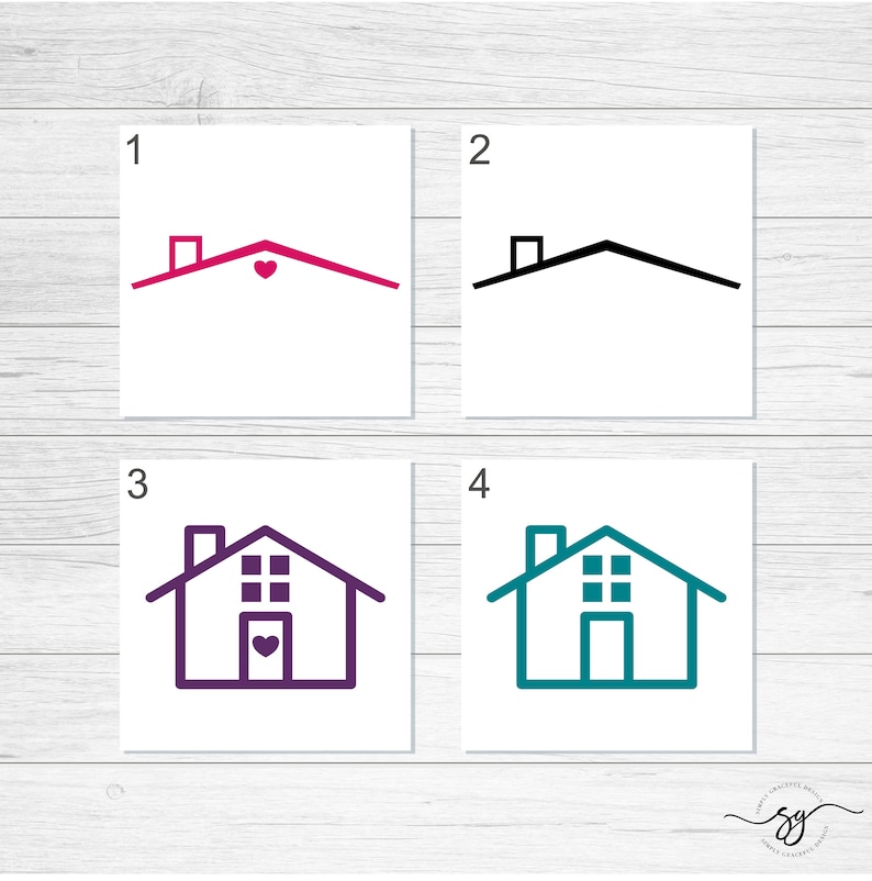 K&ouml;nnte beinhalten: Vier minimalistische Hauslogo-Designs in Pink, Schwarz, Lila und T&uuml;rkis. Jedes Design zeigt ein Dach und einen Schornstein, einige enthalten ein Herz oder Fenster und eine T&uuml;r. Die Logos befinden sich auf wei&szlig;en Quadraten vor einem Holzmaserungshintergrund.