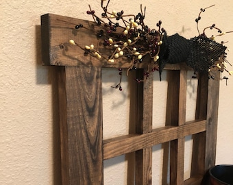 Large 6 pane wood window frame Rustic wall decor Primitive decor for living room Handmade wood window frame colored pip garland
