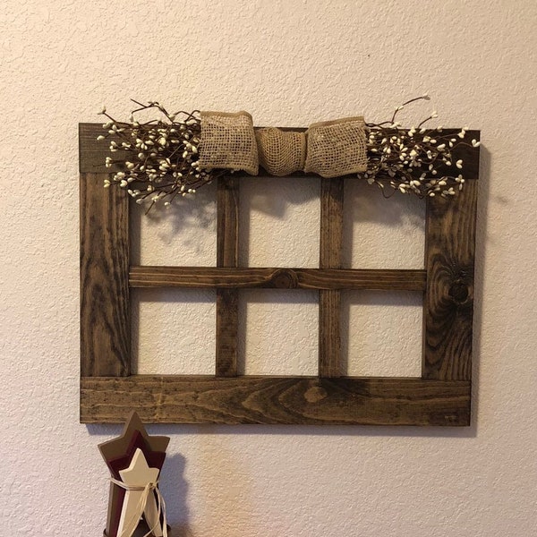 Handmade 6 pane wood window frame Rustic wall decor Primitive decor for living room Handmade wood window frame colored pip garland