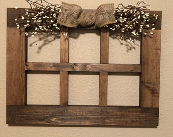 Large 6 pane wood window frame Rustic wall decor Primitive decor for living room Handmade wood window frame colored pip garland