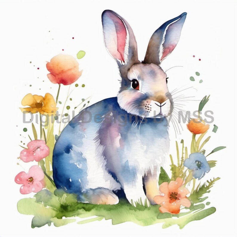 Watercolor Flower Bunny Clipart Cute Clip Art Card Making Clipart ...