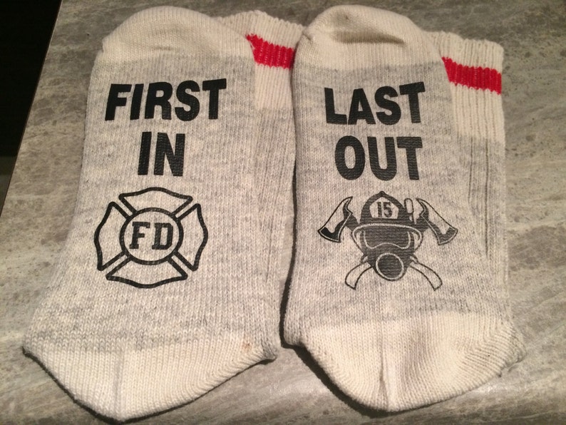 First In ... Last Out Word Socks Funny Socks Novelty Socks with Firefighter Logo and Breathing Apparatus design image 1