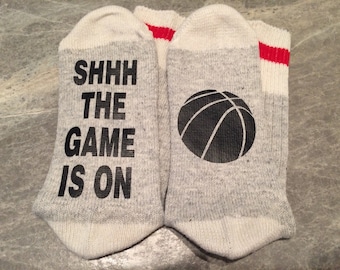 Shhh The Game Is On .... (Basketball or Basketball Net Silhouette) (Word Socks - Funny Socks - Novelty Socks)