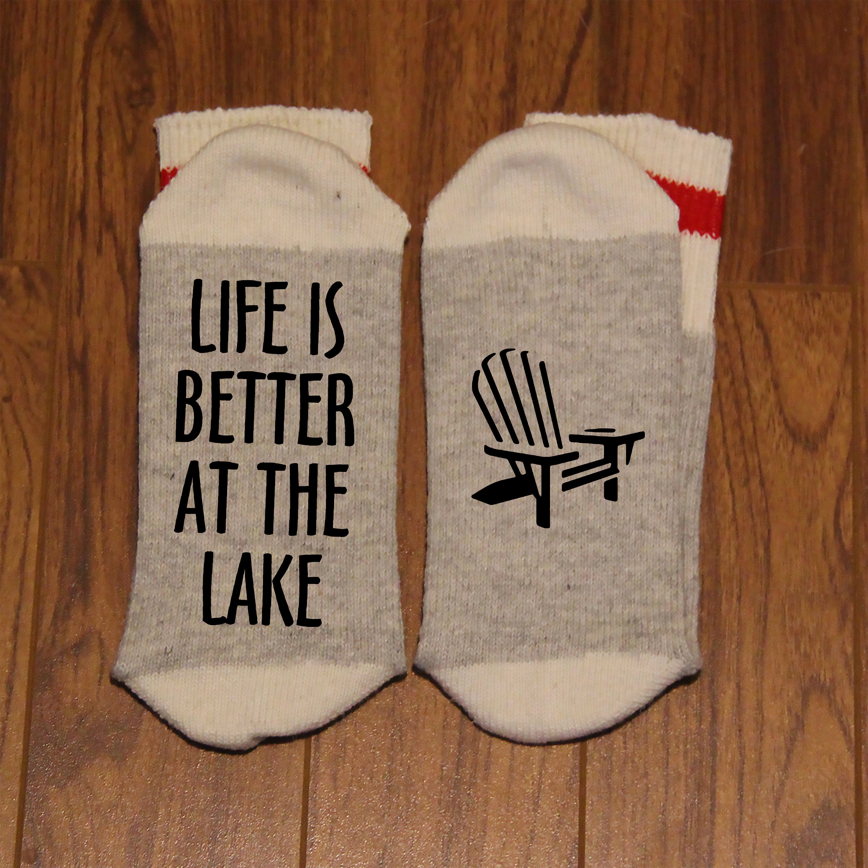 Life is Better at the Lake With a Silhouette of an Adirondack Chair word  Socks Funny Socks Novelty Socks 