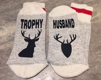 Trophy ... Husband (Word Socks - Funny Socks - Novelty Socks) with Deer Head and Mounted Deer Head silhouettes