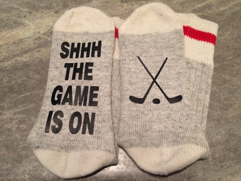 Shhh The Game Is On .... Hockey Sticks and Puck Silhouette Word Socks Funny Socks Novelty Socks image 1