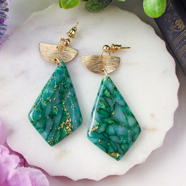 Green Marble Clay Earrings - The Adelaine in Emerald Green Marbled Polymer Clay - Artsy and Elegant Dangles for a Colorful Statement