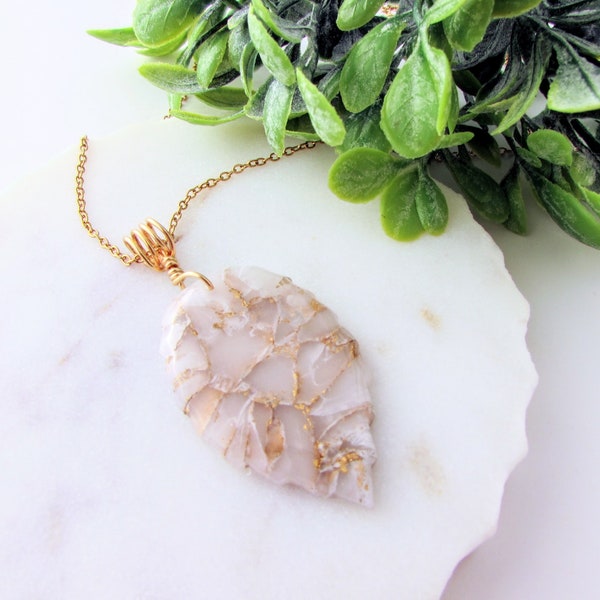 Leaf Necklace - Handmade Polymer Clay Pendant - White / Ivory Quartz Clay - Artsy and Creative Piece for a Whimsical and Fun Statement