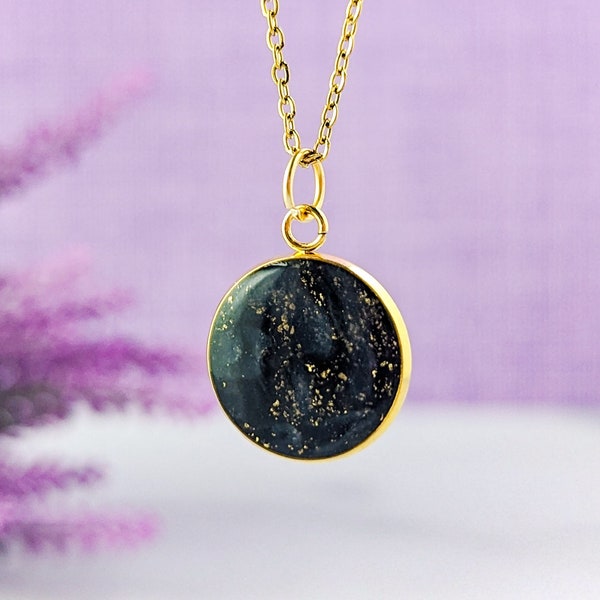 Black and Gold Marbled Clay Necklace - Elegant and Simple Black Pendant - Everyday Black Jewelry - Handmade, Lightweight, Hypoallergenic