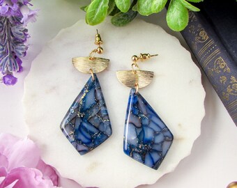 Statement Earrings Blue Marble Earrings Dark Blue Marble Clay