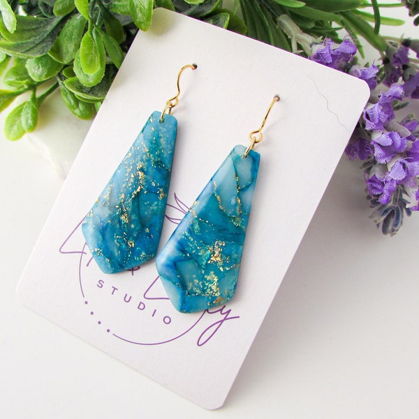 Quartz Clay Earrings - Handmade Polymer Clay Earrings  - The Gwen in Aqua Blue and Gold - Elegant & Artsy Dangles - Bridesmaid Gifts