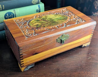 Vintage Wood Box, Hinged Lid, Dovetail Corners, Interior Mirror