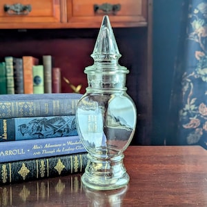 Vintage Glass Pedestal Jar | Apothecary Jar | Clear Vanity Jar | Trinket or Candy Jar | Antique Style Container |  Elegant Bathroom Storage
