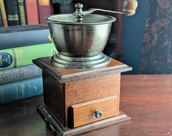 Molinillo de café manual antiguo / Base de madera con cajón / Molinillo de café de manivela