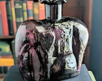 Vintage Amethyst Glass Elephant Bottle | Purple Art Glass Figurine Bottle with Ruffled Rim