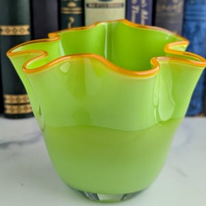 Vintage Art Glass Vase - Lime Green MCM Glass with Orange Handkerchief Style Edge - Fazzoletto Art Glass - Vivid Green Home Decor