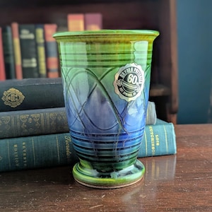 Vaso vintage in ceramica Dryden / Smalto a goccia verde e blu, firmato, ceramica artistica / Hot Springs, Arkansas