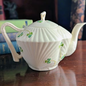Vintage Belleek Shamrock Teapot | Irish Porcelain with Harp Handle | Millennium 2000 Black Mark