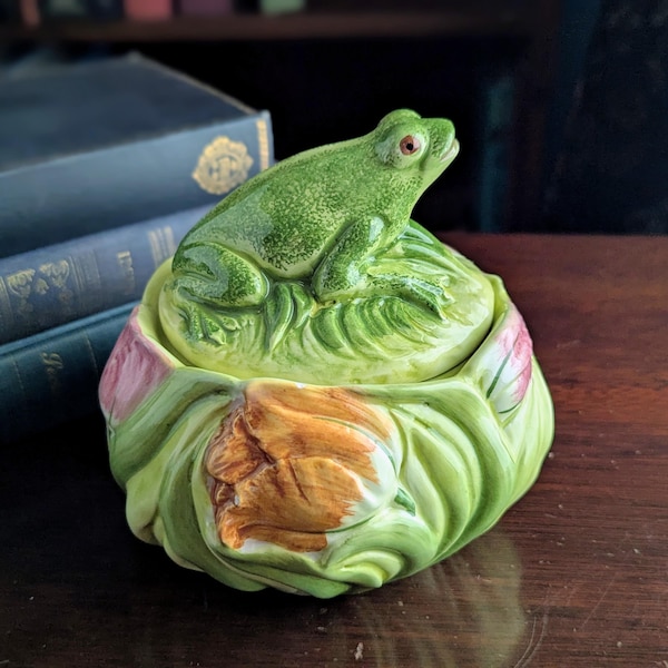 Vintage San Marco Majolica Lidded Sugar Bowl | Italian Frog & Tulip Ceramic Jar | Whimsical Cottage Decor
