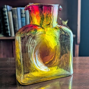 Vintage Blenko Glass Water Bottle | #384 Tangerine Amberina Art Glass Vase | Red and Orange Handblown Glass Pitcher